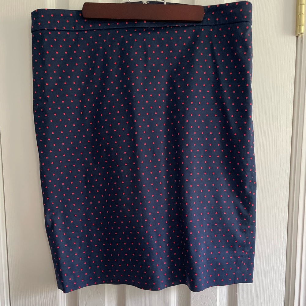 J Crew “The Pencil Skirt” Navy with red/orange dots, size 10